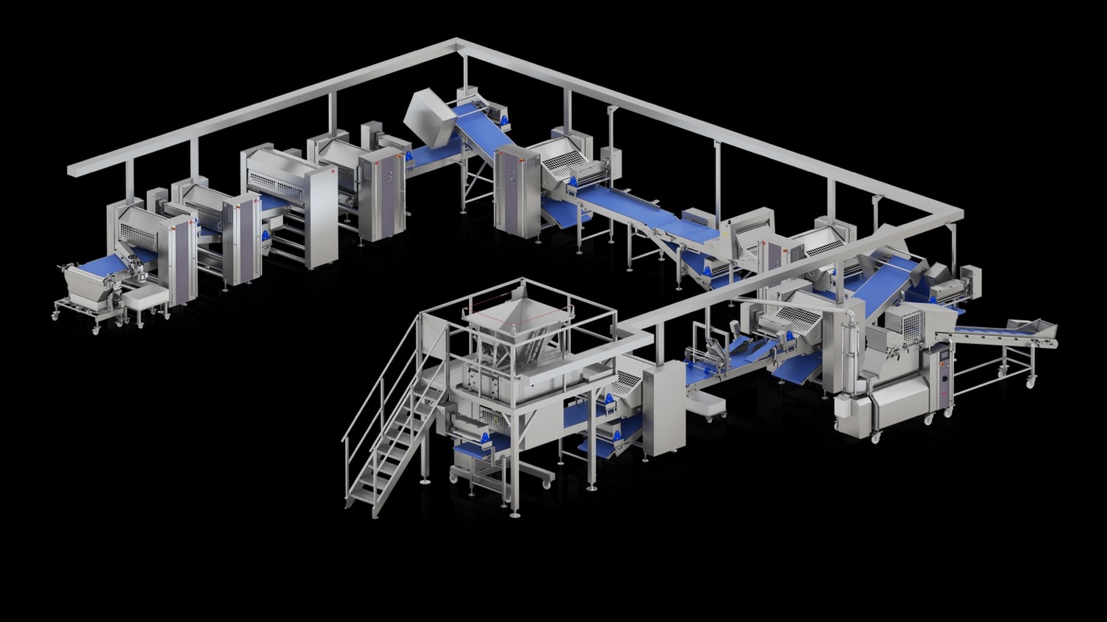 Industrial pizza dough production line using precision sheeting and make-up equipment