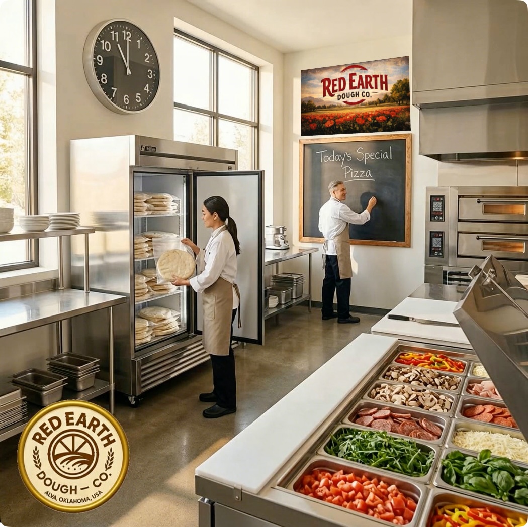 Pizza kitchen using Red Earth Dough Co. freezer-to-toppings workflow