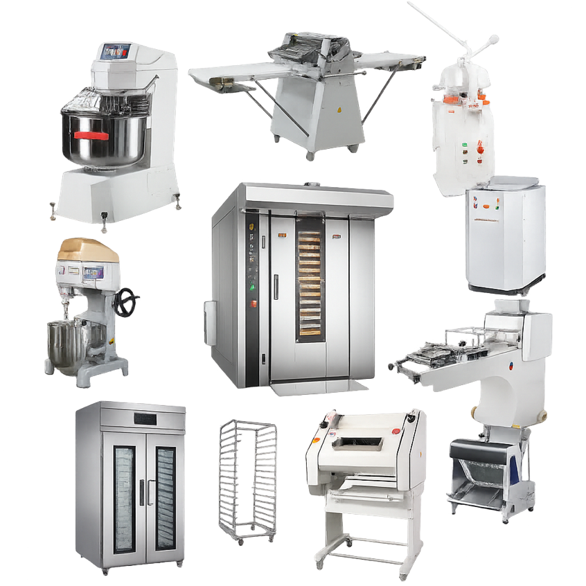 Pizza dough pilot production equipment including mixer, dough sheeter, divider, proofing cabinet and rack oven used by Red Earth Dough Co for pizza crust research and development and private label product testing
